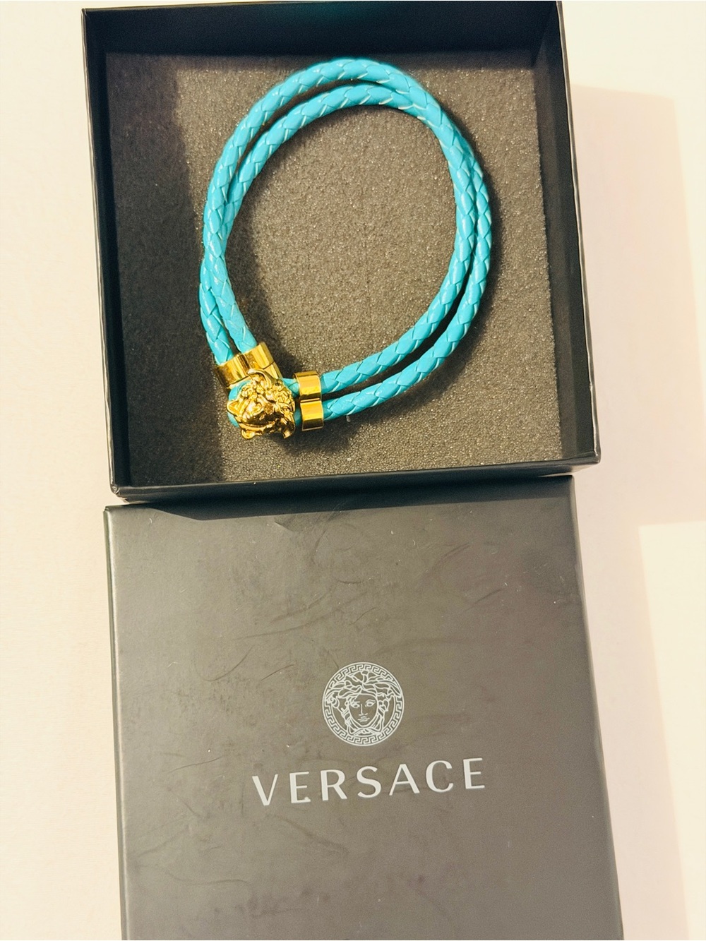 Versace Turquoise Braided Leather Double Wrap Bracelet with Gold Medusa Clasp